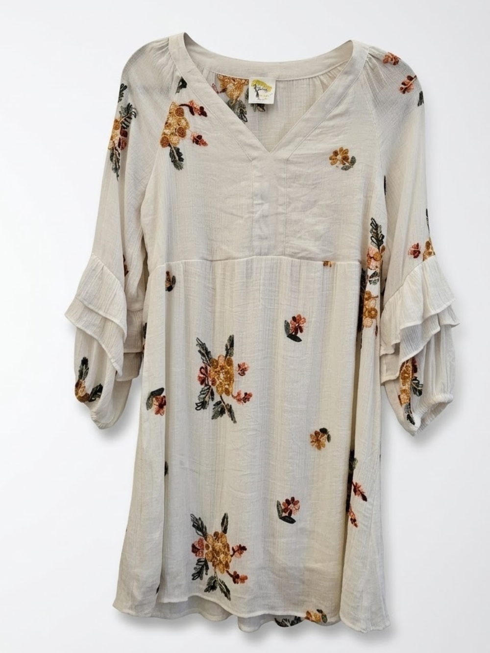 Fig & Flower Ivory Floral Embroidered Boho Peasant Dress Tiered Ruffle Sleeve S